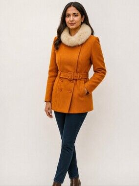 Vintage Union Made Orange Wool Coat Fur Collar Medium Womens